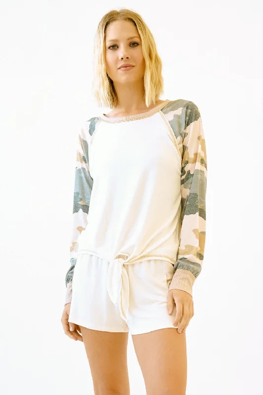 Tie Front Camo Sleeves Pullover | MYSTREE *30A JANUARY PREORDERPulloverembroidered