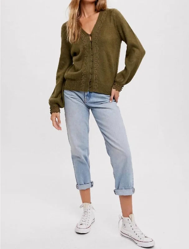 Lace Trim Button Up Pullover In OlivePulloverwarm