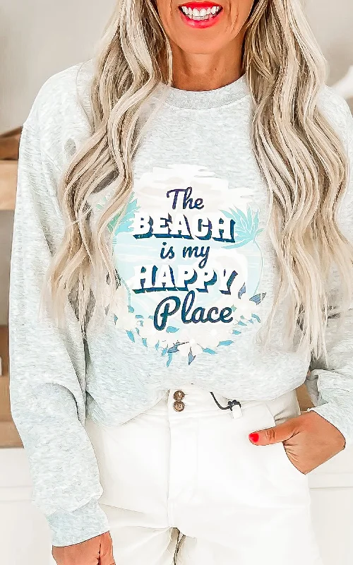 Tasseled SweatshirtsThe Beach is My Happy Place Graphic Crewneck Sweatshirt**