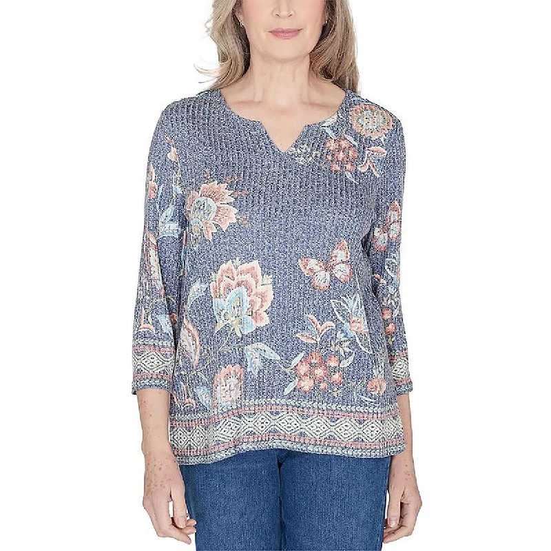 Petites Womens Floral Print Studded Pullover TopPulloverchic