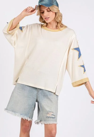 Artist HoodiesSAGE + FIG Star Patch Side Slit Round Neck Top