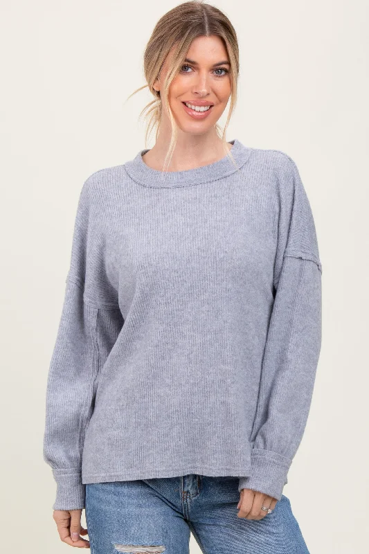 Heather Grey Brushed Ribbed Knit PulloverPulloverfit