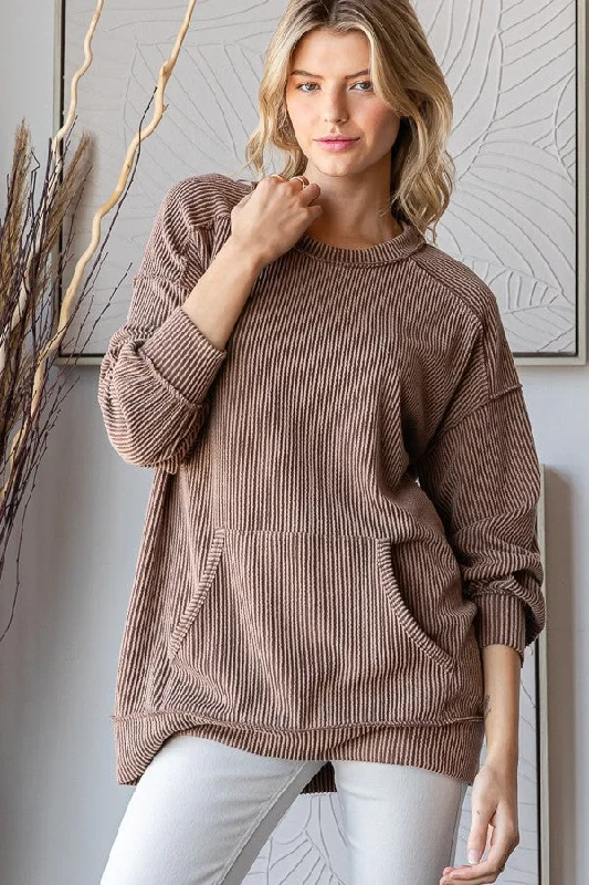 Mocha Ribbed Knit Front Pocket PulloverPulloverstyle