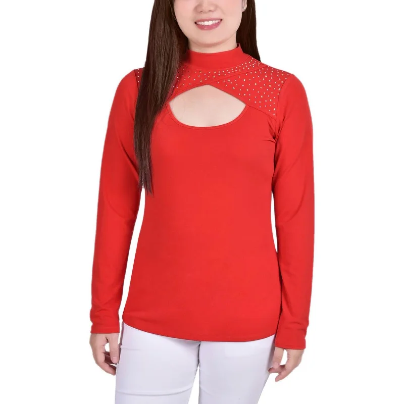 Petites Womens Studded Mock Neck Pullover TopPulloverformal