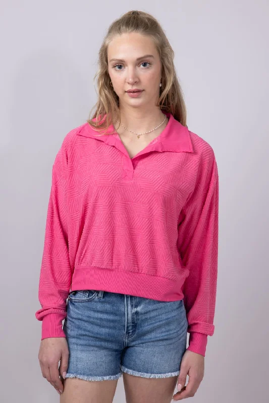 Simply Southern Geo Pattern Johnny Collar Pullover Top for Women in Pink | PP-0125-PULL-TRY-HTPNKPullovercurve