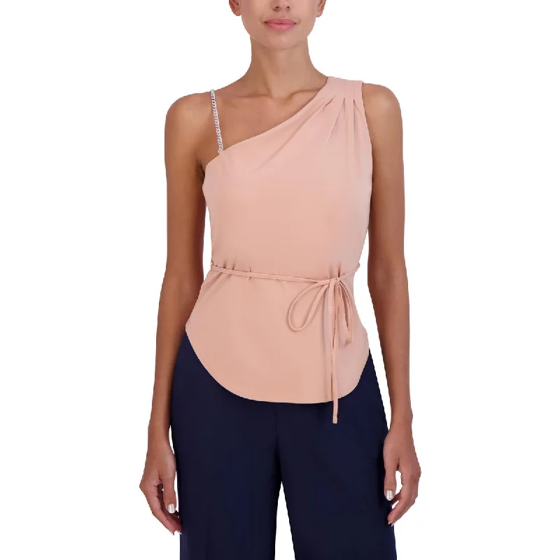 Quick-Dry ShirtsBCBGMAXAZRIA Women's Asymmetric Pleated Tie Waist Blouse with Chain Strap