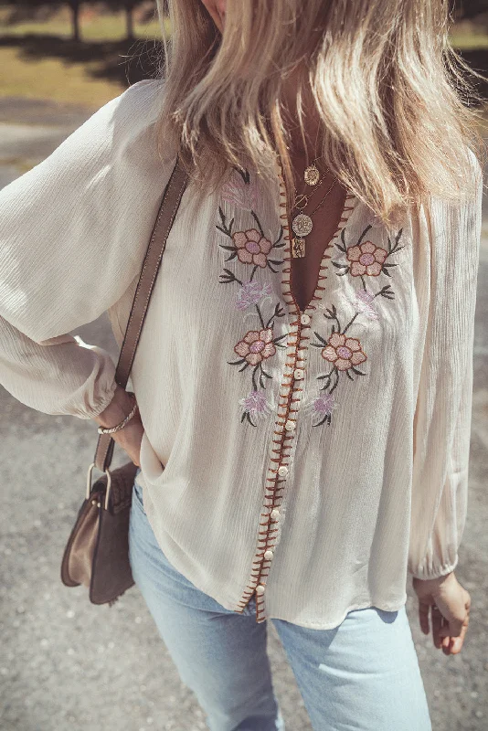 Plush ShirtsBeige Floral Embroidered Crinkle Puff Sleeve Loose Blouse