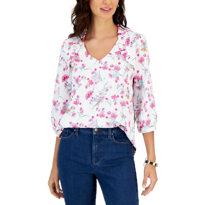 Branded ShirtsCharter Club Womens Floral Print Bishop Sleeve Blouse