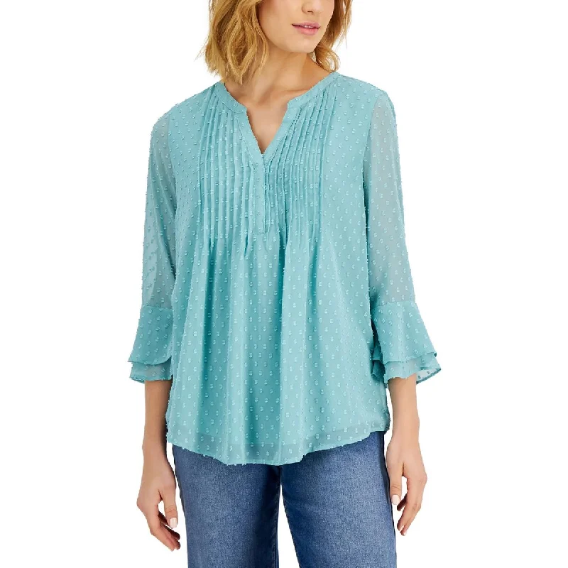 Collaborative ShirtsCharter Club Womens Petites Pintuck Split Neck Blouse