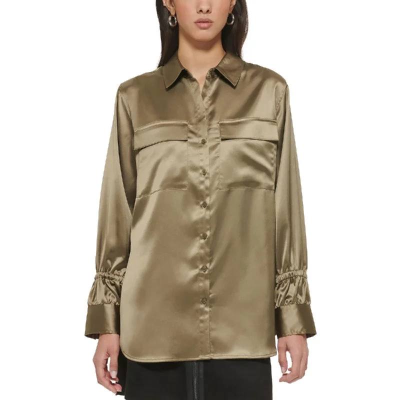 Polyester ShirtsDKNY Womens Flap Pocket Satin Blouse