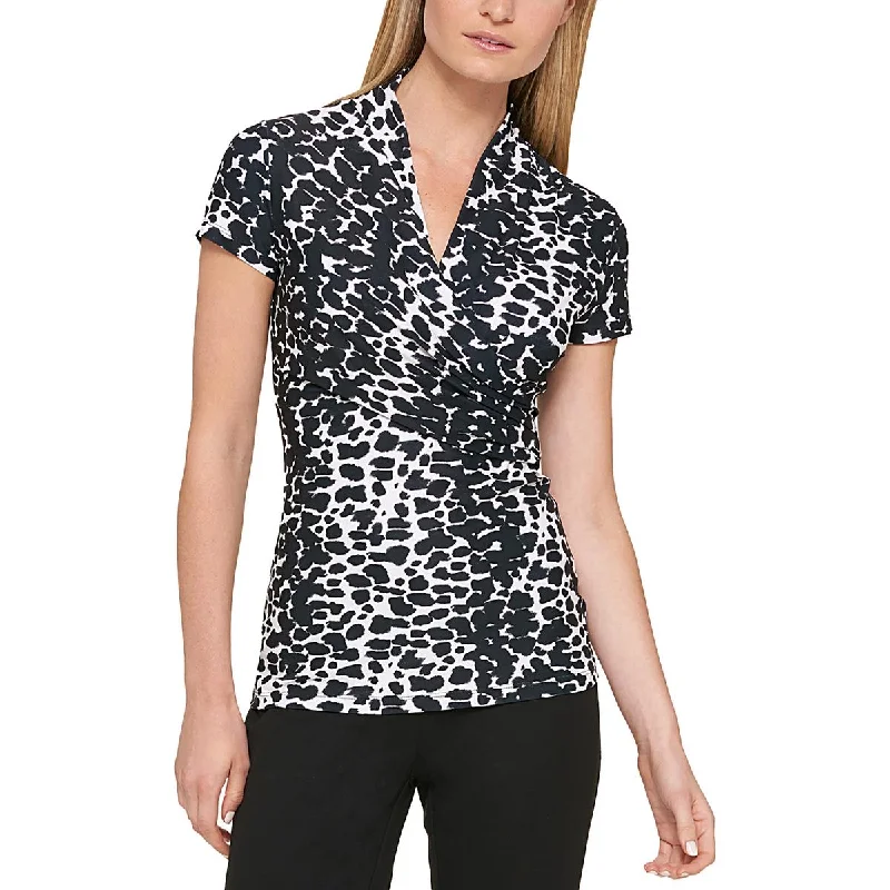 Mesh ShirtsDKNY Womens Petites Animal Print Draped Blouse