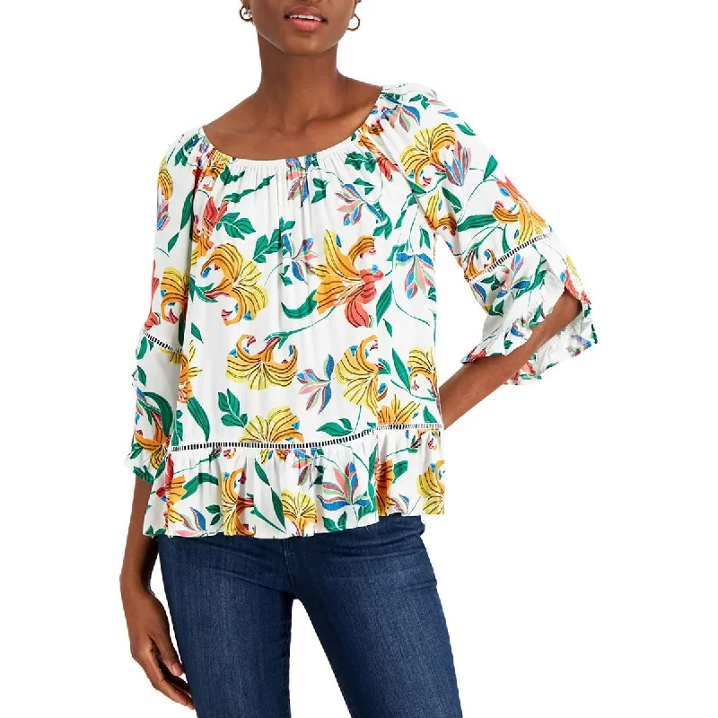 Beaded ShirtsFever Womens Floral Print Ladder Stitch Blouse