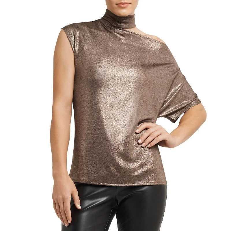 Flannel ShirtsH Halston Womens Metallic Mock Neck Blouse