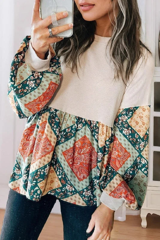 Camping ShirtsJet Stream Paisley Geometric Patchwork Loose Fit Blouse