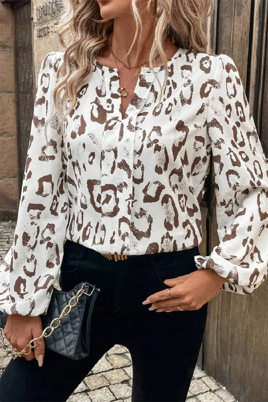 Dress ShirtsKhaki Leopard Print Split Neck Balloon Sleeve Blouse