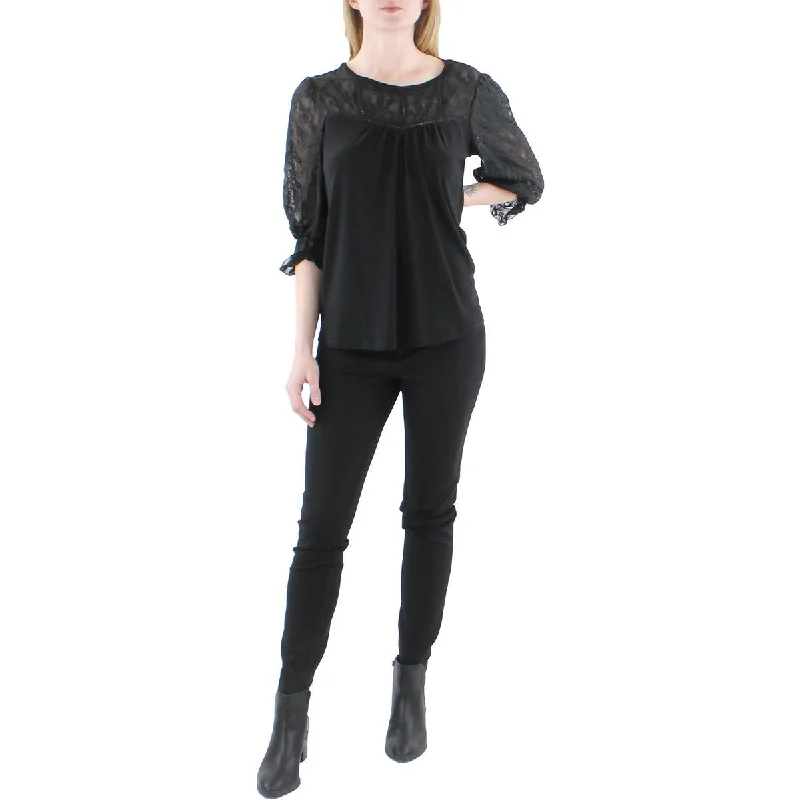 Lounge ShirtsNY Collection Womens Petites Knit Lace-Trim Blouse