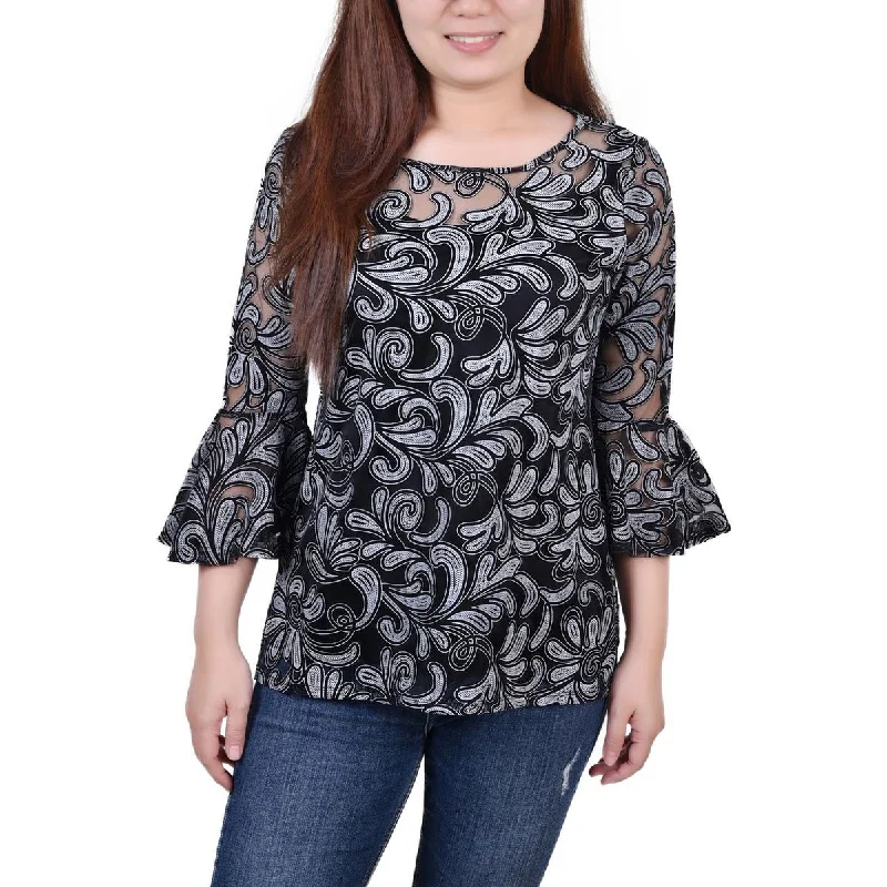 Wool ShirtsNY Collection Womens Petites Printed Elbow Sleeve Blouse