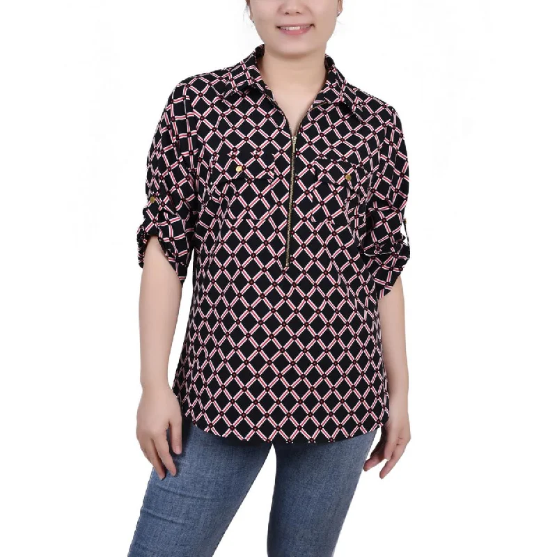 UV-Protection ShirtsNY Collection Womens Petites Printed Zip Front Blouse