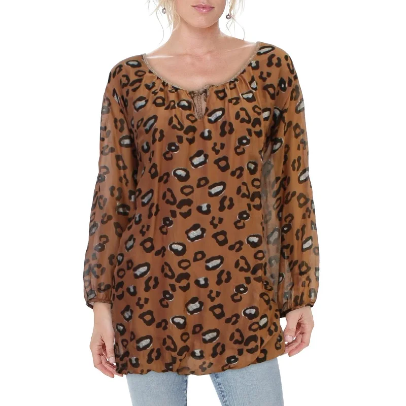 Hemp ShirtsPAPRIKA Womens Leopard Tie Neck Blouse