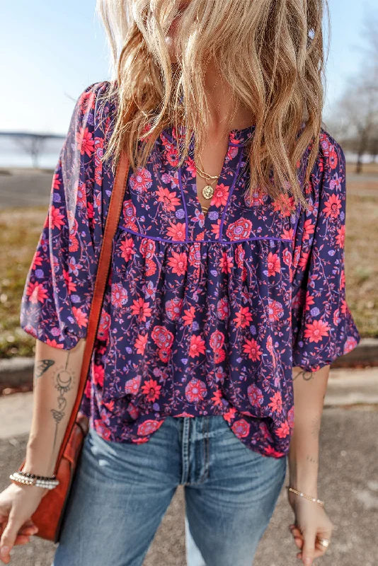 Athletic ShirtsPurple Floral Puff Half Sleeve Split Neck Blouse