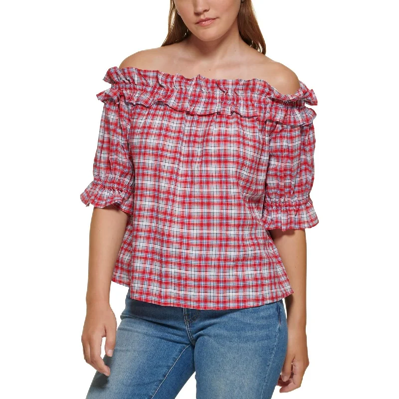 High-Fashion ShirtsTommy Hilfiger Womens Ruffled Plaid Blouse