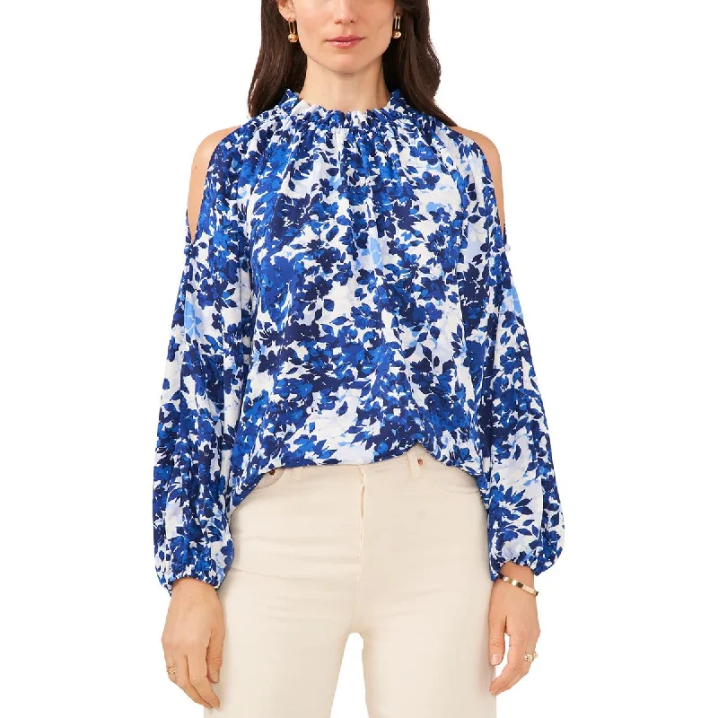 Leather-Paneled ShirtsVince Camuto Womens Ruffle Neck Floral Print Blouse