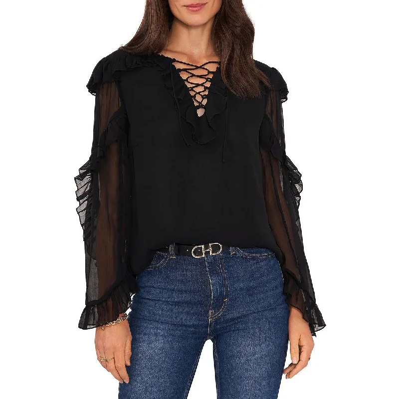 Mesh ShirtsVince Camuto Womens Ruffled Lace-Up Blouse