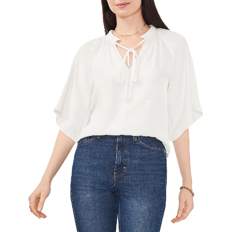 Sheer ShirtsVince Camuto Womens Sheer Ruffle Split Neck Blouse