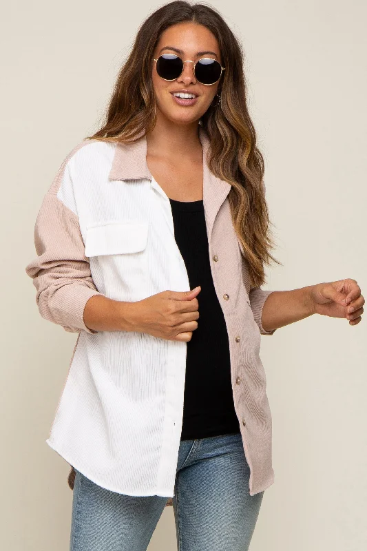 Beige Color Blocked Corduroy Button Down Maternity TopBreathability