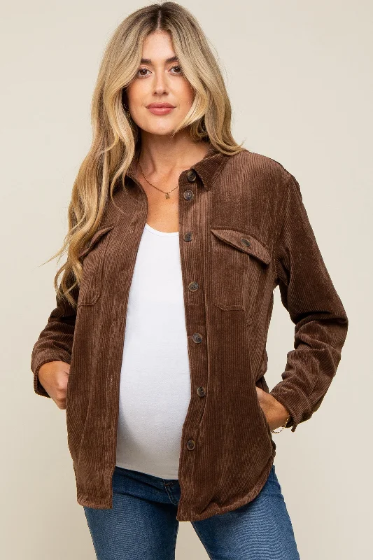 Brown Corduroy Plaid Fleece Lined Button Down Maternity ShacketDown sportswear