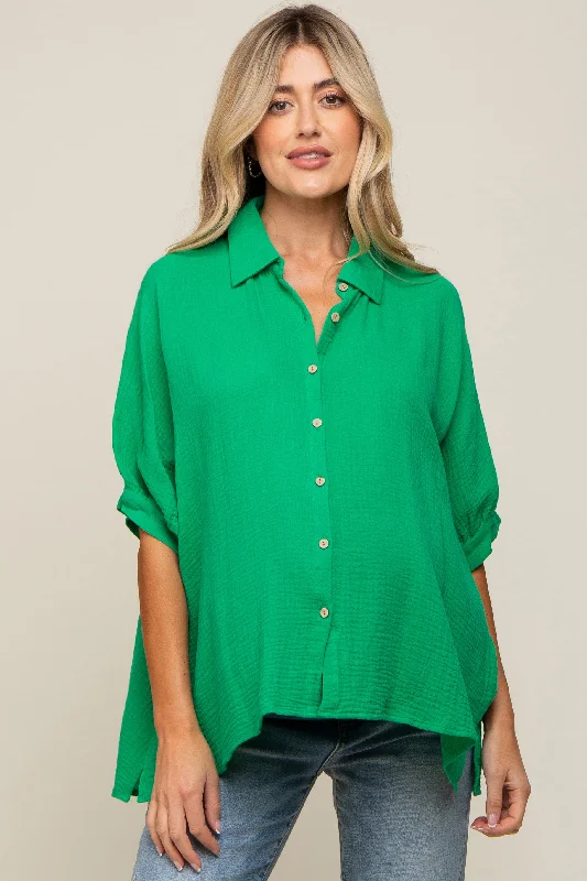 Green Button Down Collared Maternity TopWaterproof Wind performance