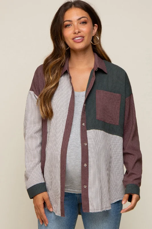 Multi-Color Striped Color Blocked Button-Down Maternity TopWaterproof performance