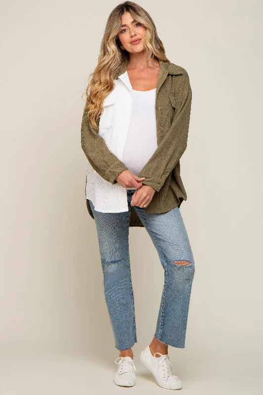 Olive Color Block Corduroy Button Down Maternity TopCold resistance