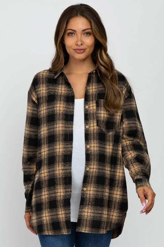 Taupe Black Plaid Button Down Maternity TopWind resistance