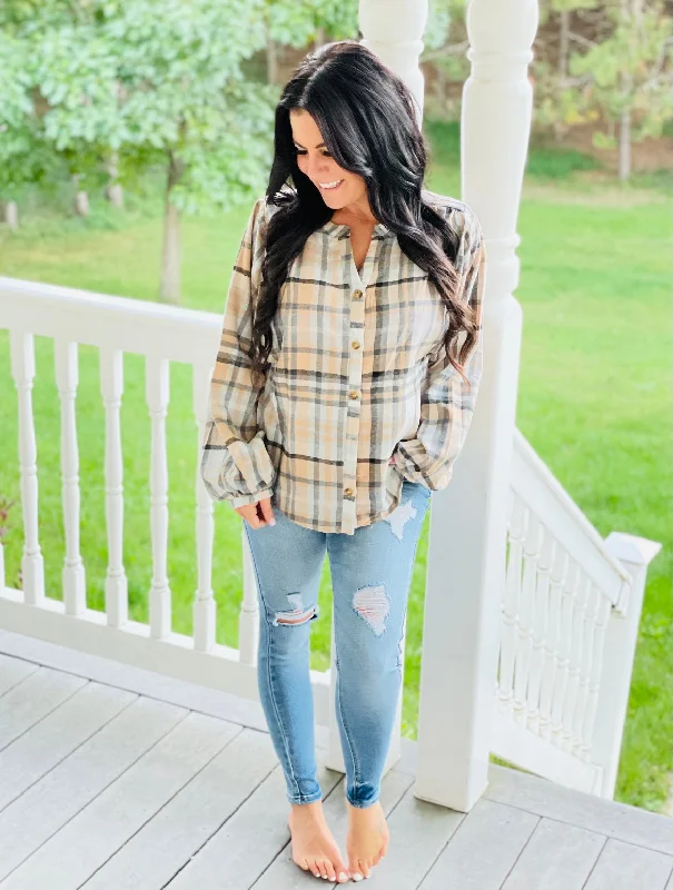 Taupe Plaid Button Down FlannelHidden pockets