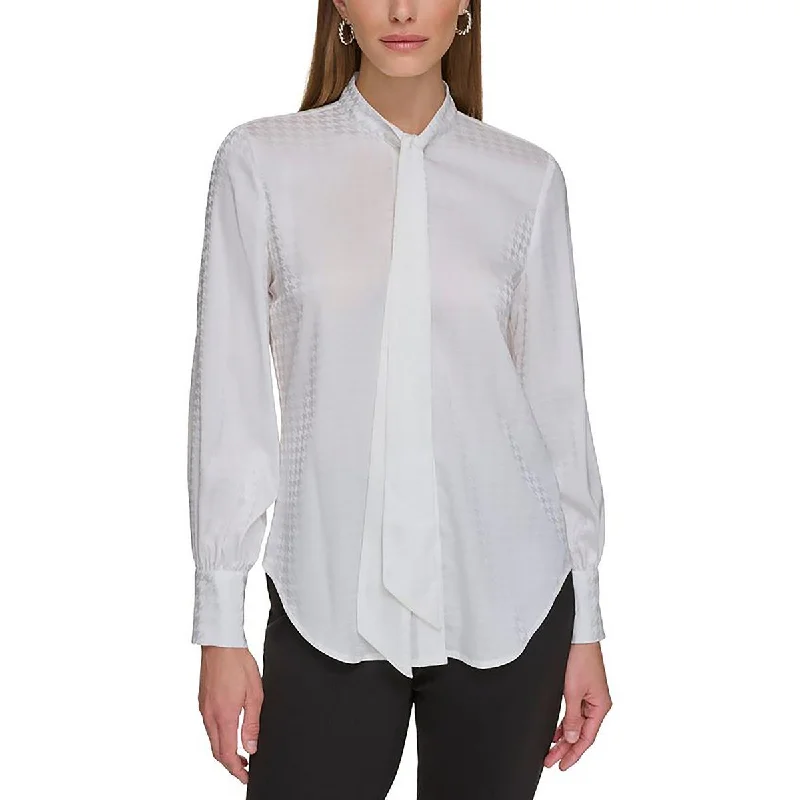 Petites Womens Tie Neck Bishop Sleeve Button-Down TopDown content