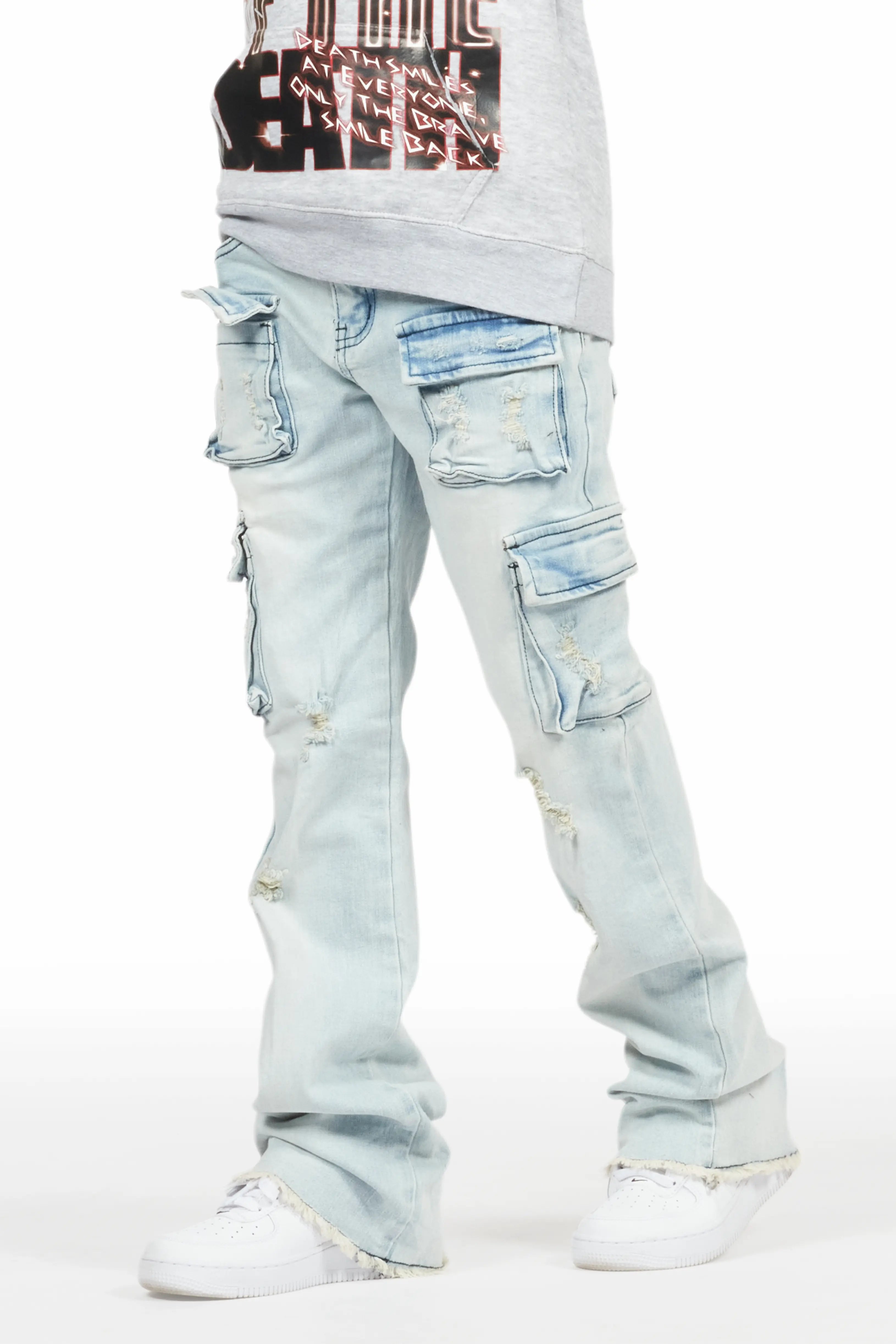 Streetwear JacketsBoys Sterling Blue Fringe Stacked Flared Cargo Jean