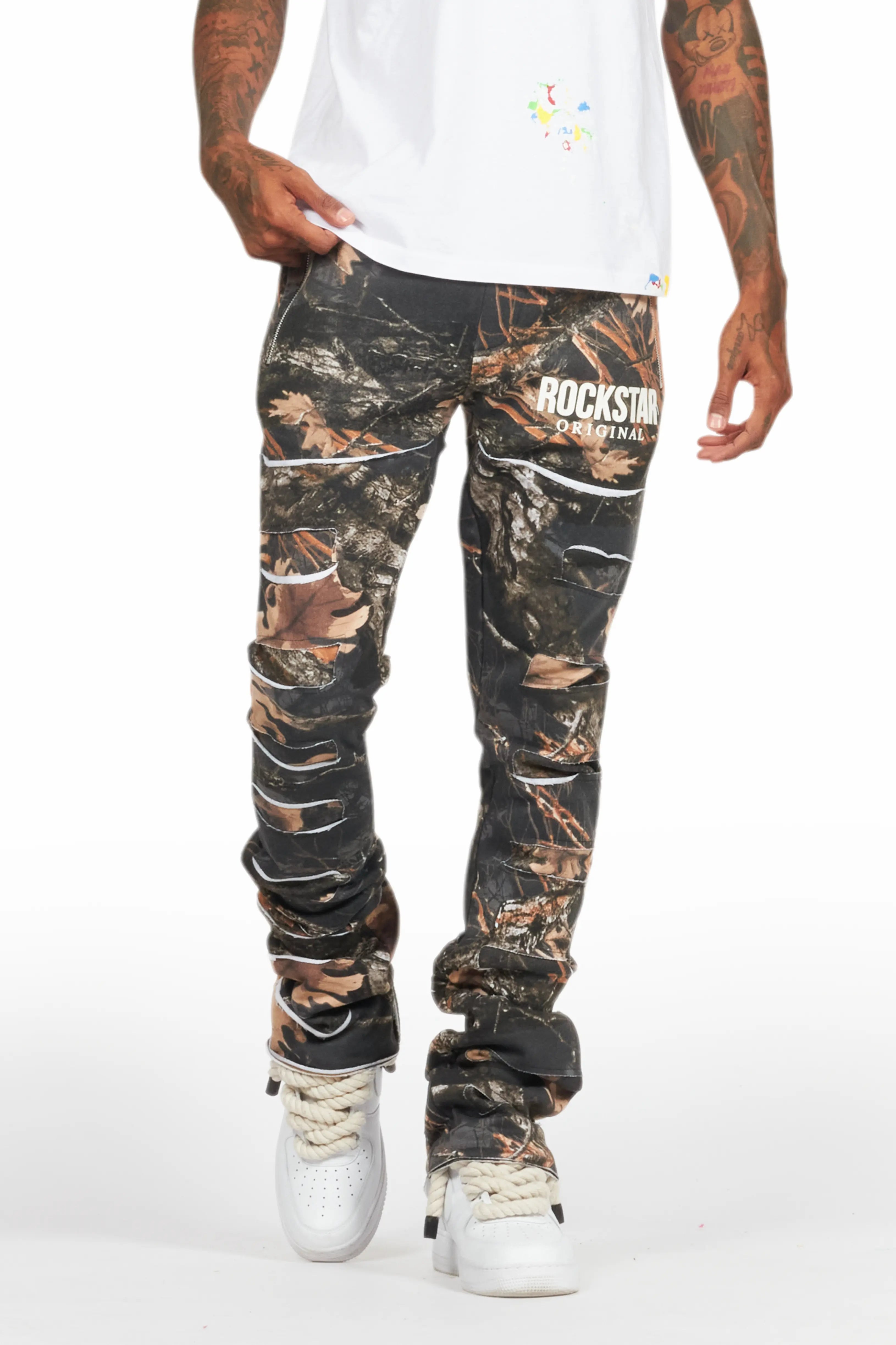 Camping JacketsEmilio Black Tree Camo Stacked Flare Track Pant