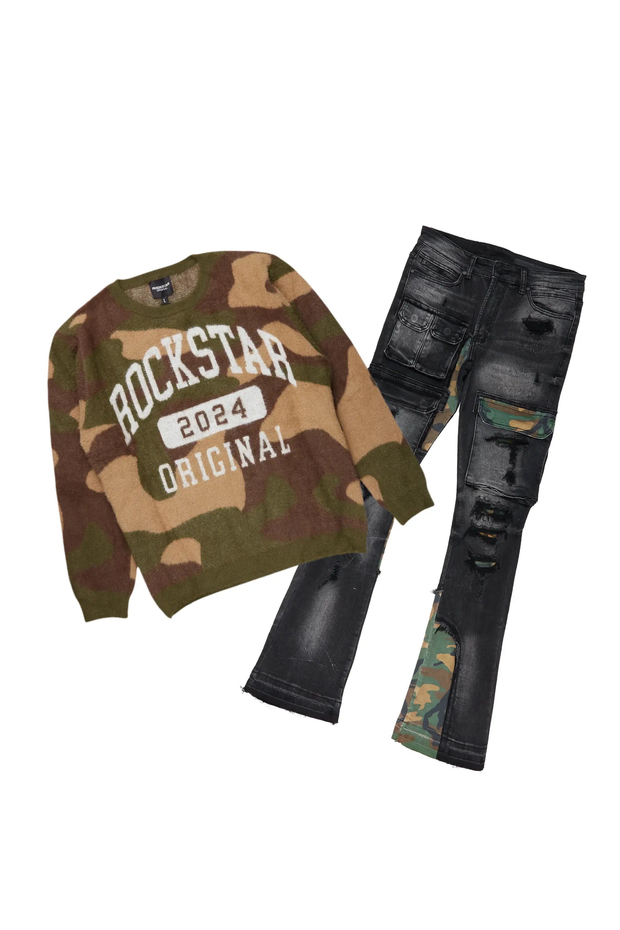 Corduroy JacketsCavell Camo Knit Sweater & Zeta Stacked Flare Jean Bundle