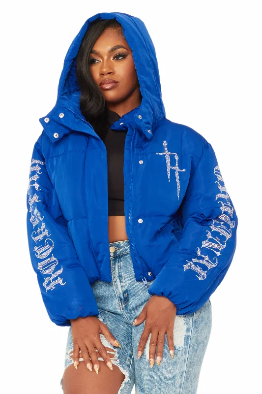 Sports Team JacketsKalisha Royal Blue Rhinestone Puffer Jacket