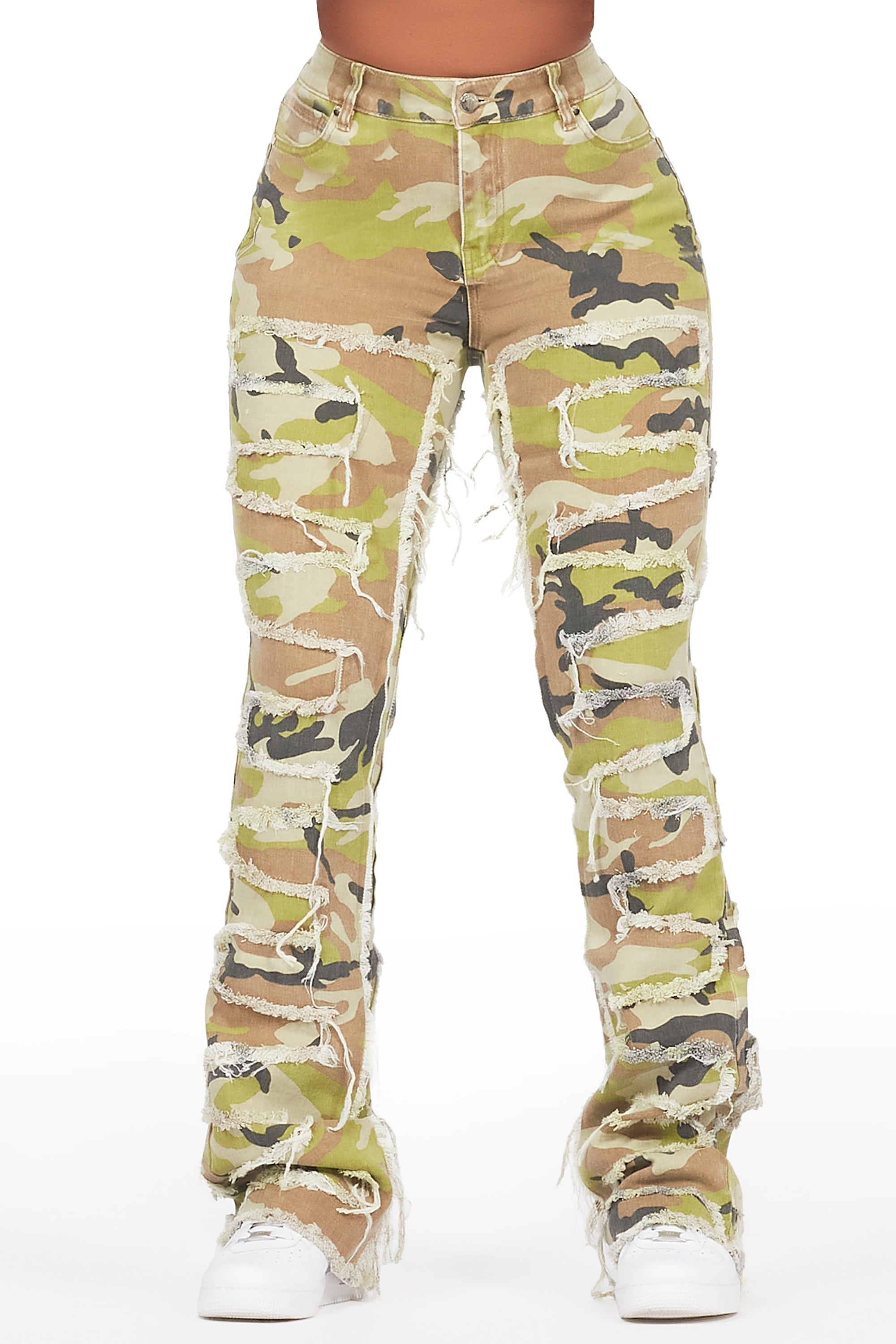 High-Fashion JacketsZariyah Green Camo Stacked Flare Jean