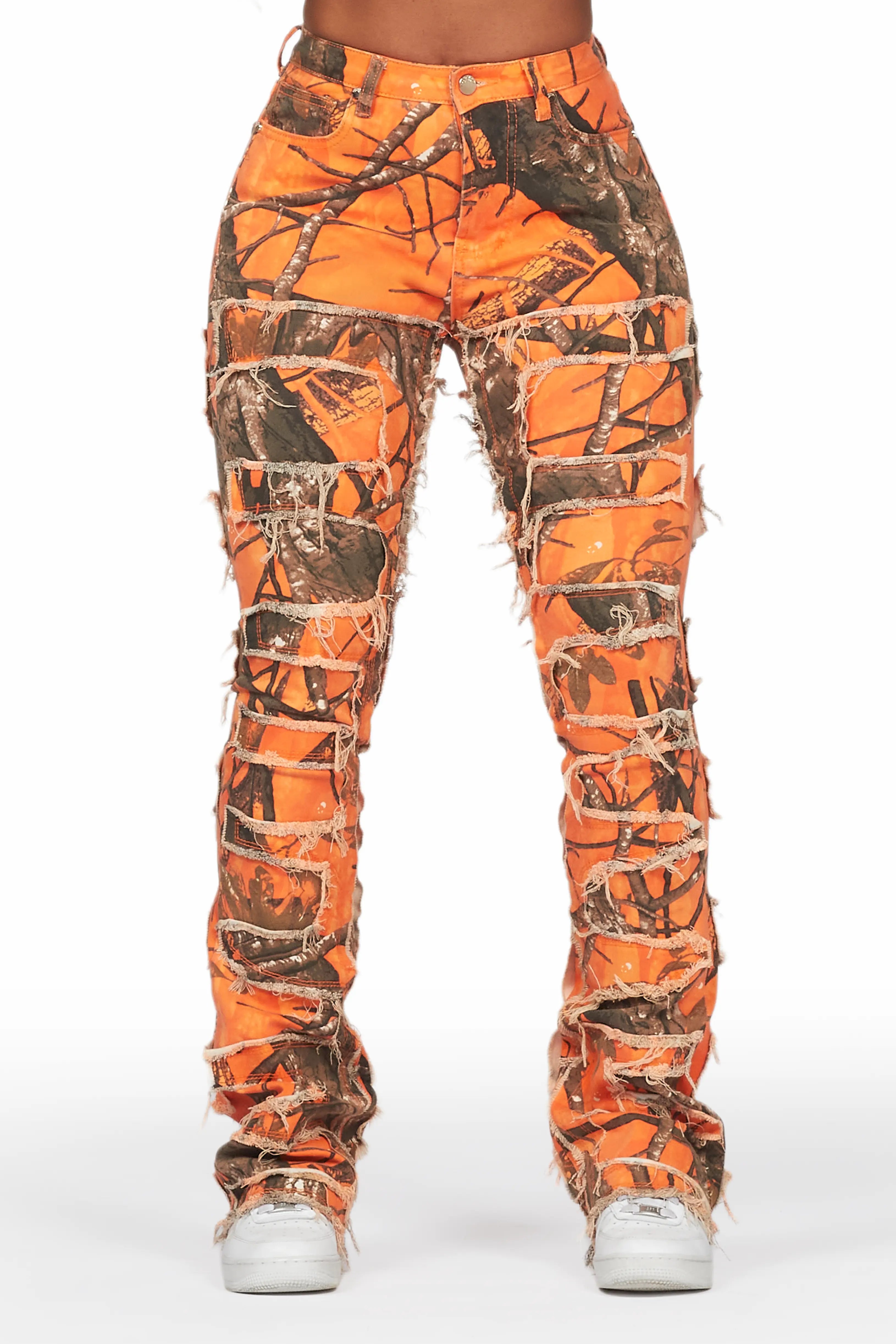 Sheer JacketsZariyah Orange Tree Camo Stacked Flare Jean