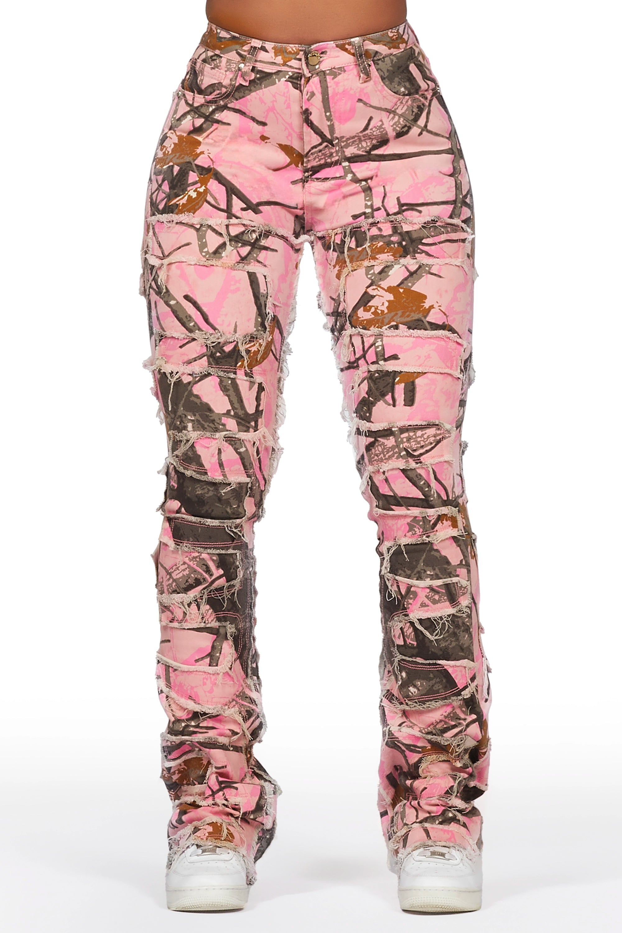 Retro JacketsZariyah Pink Tree Camo Stacked Flare Jean