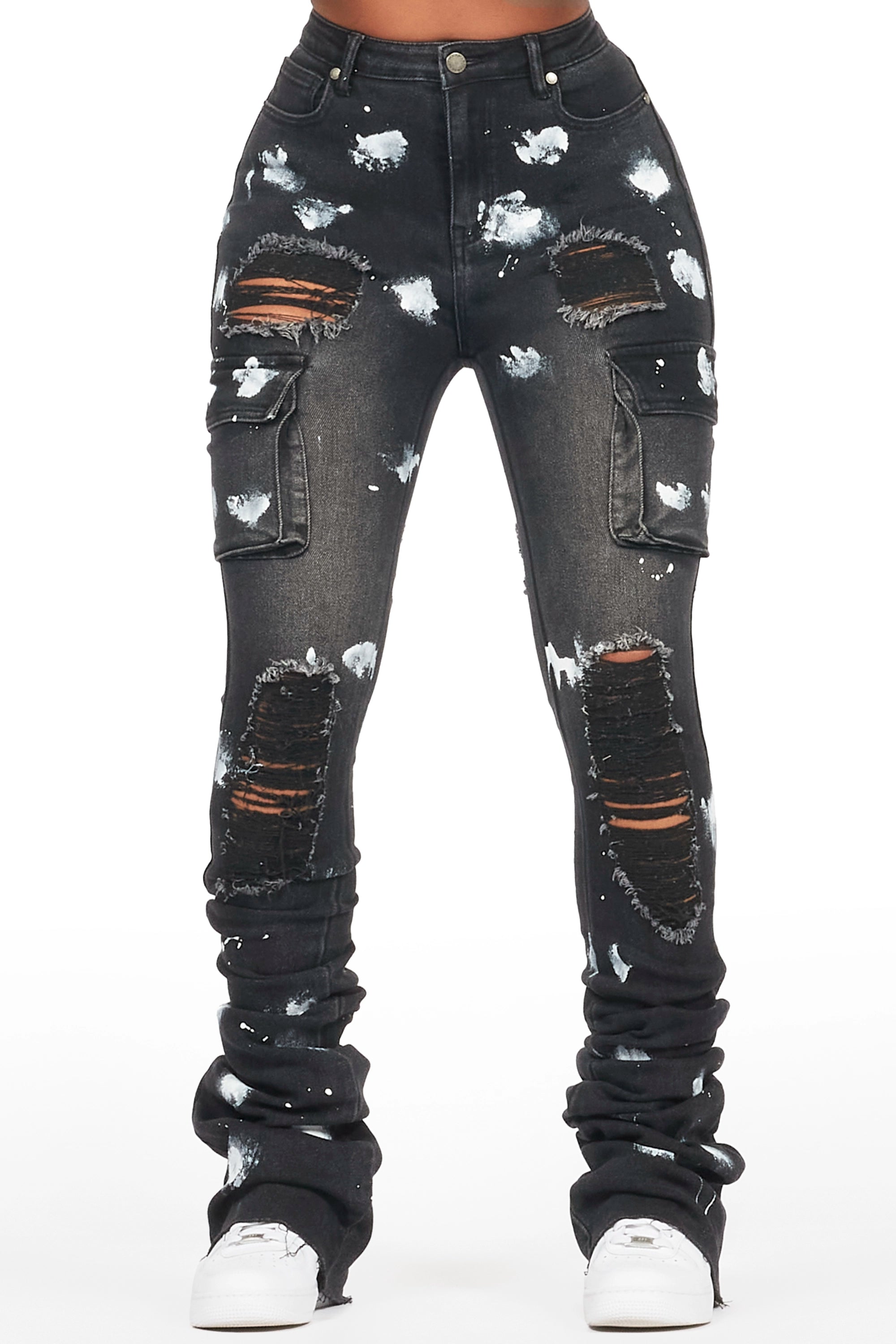 Urban JacketsTersenis Black Painted Cargo Super Stacked Jean