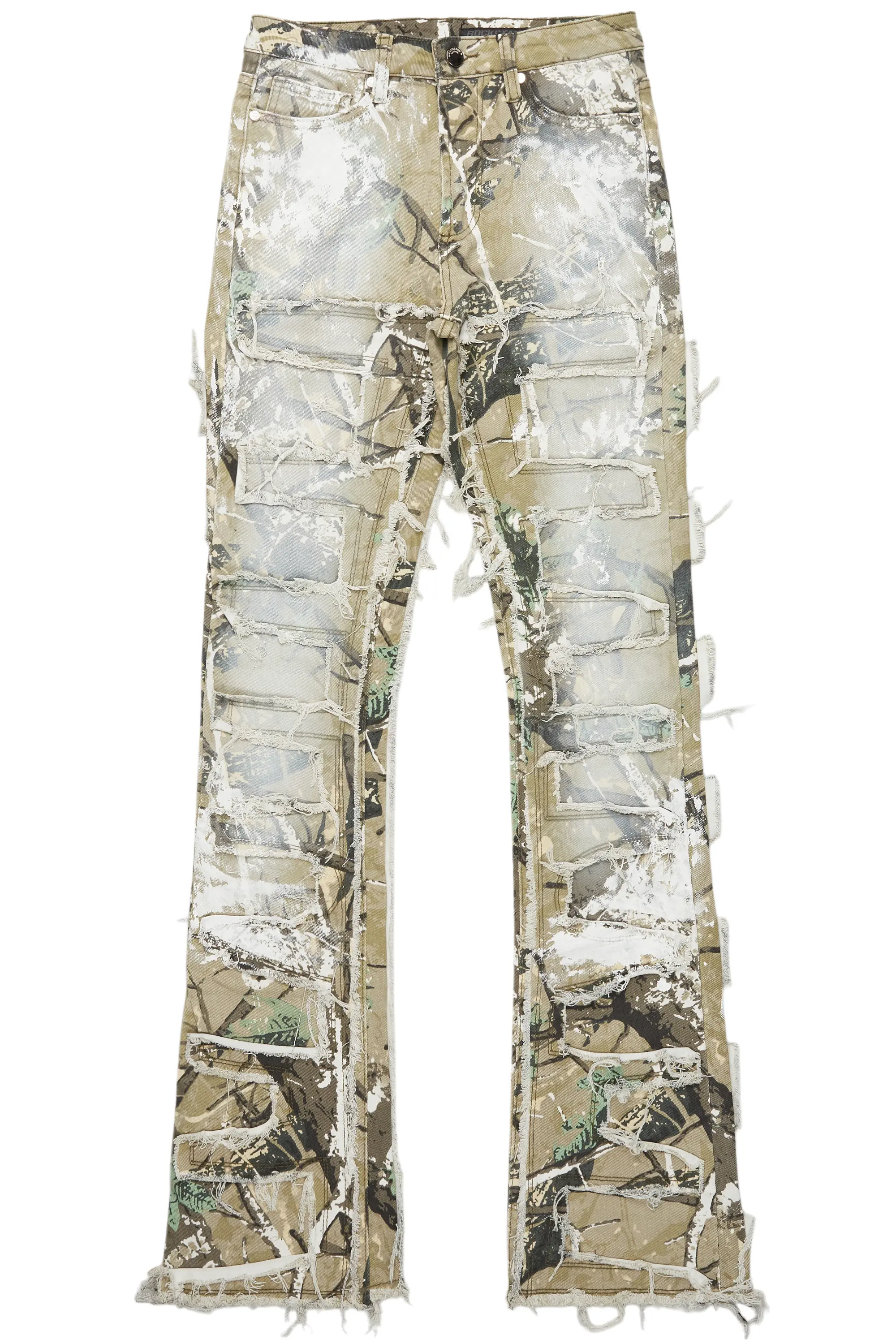 WindbreakersDenzela Tree Camo Painted Stacked Flare Jean