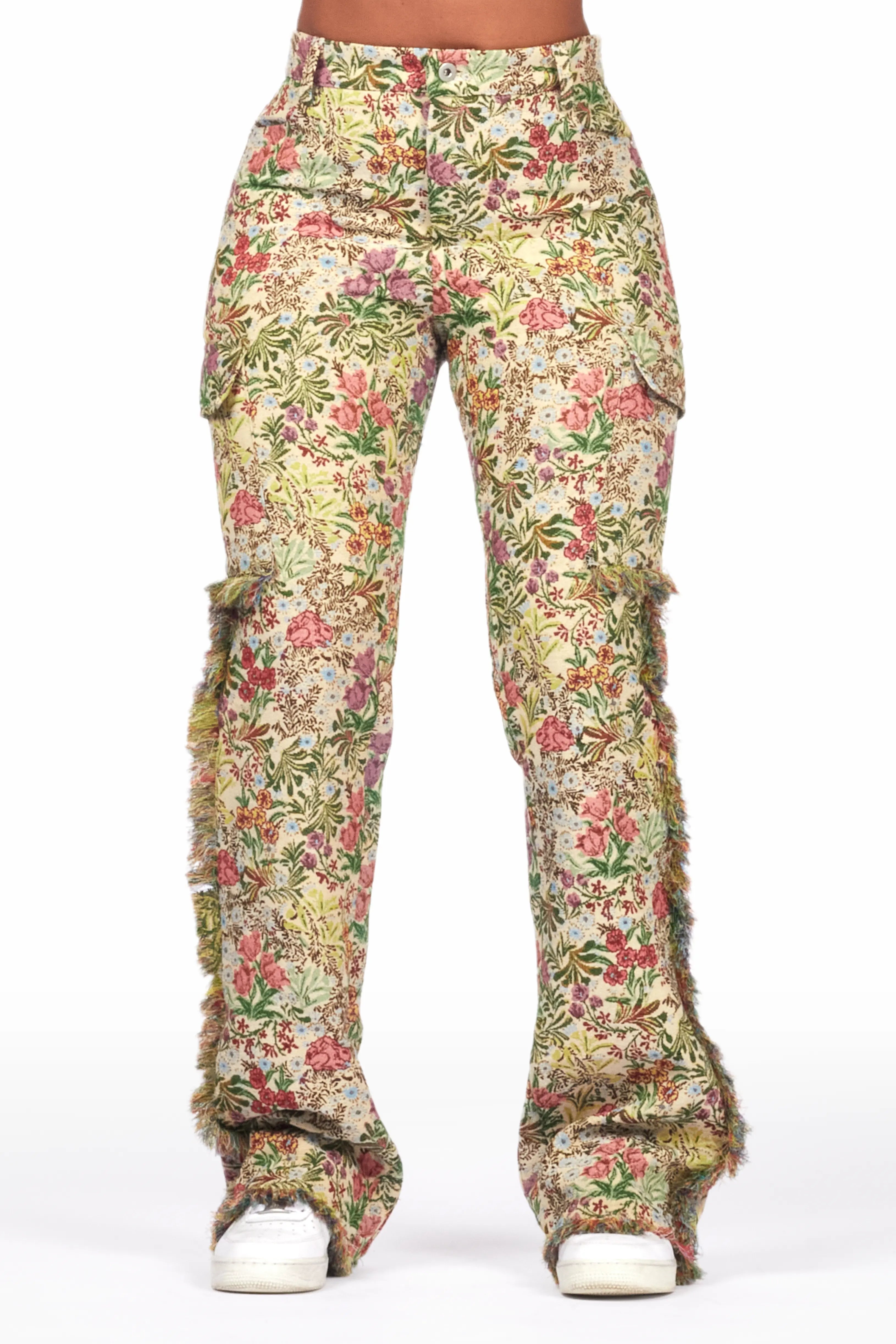 Fringed JacketsTamia Beige Floral Tapestry Stacked Pant