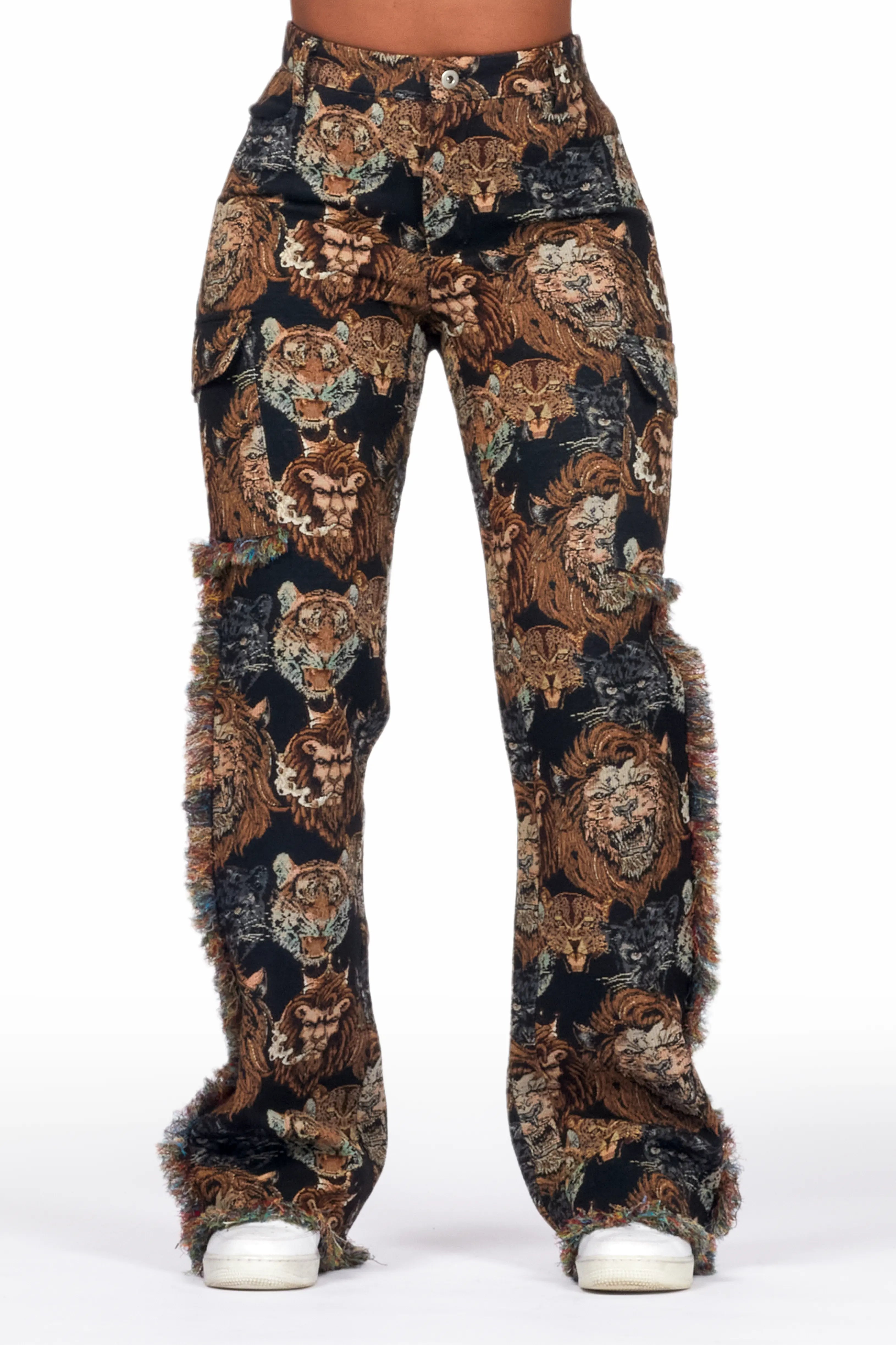 Tasseled JacketsKhadiyah Black Animal Print Tapestry Stacked Pant