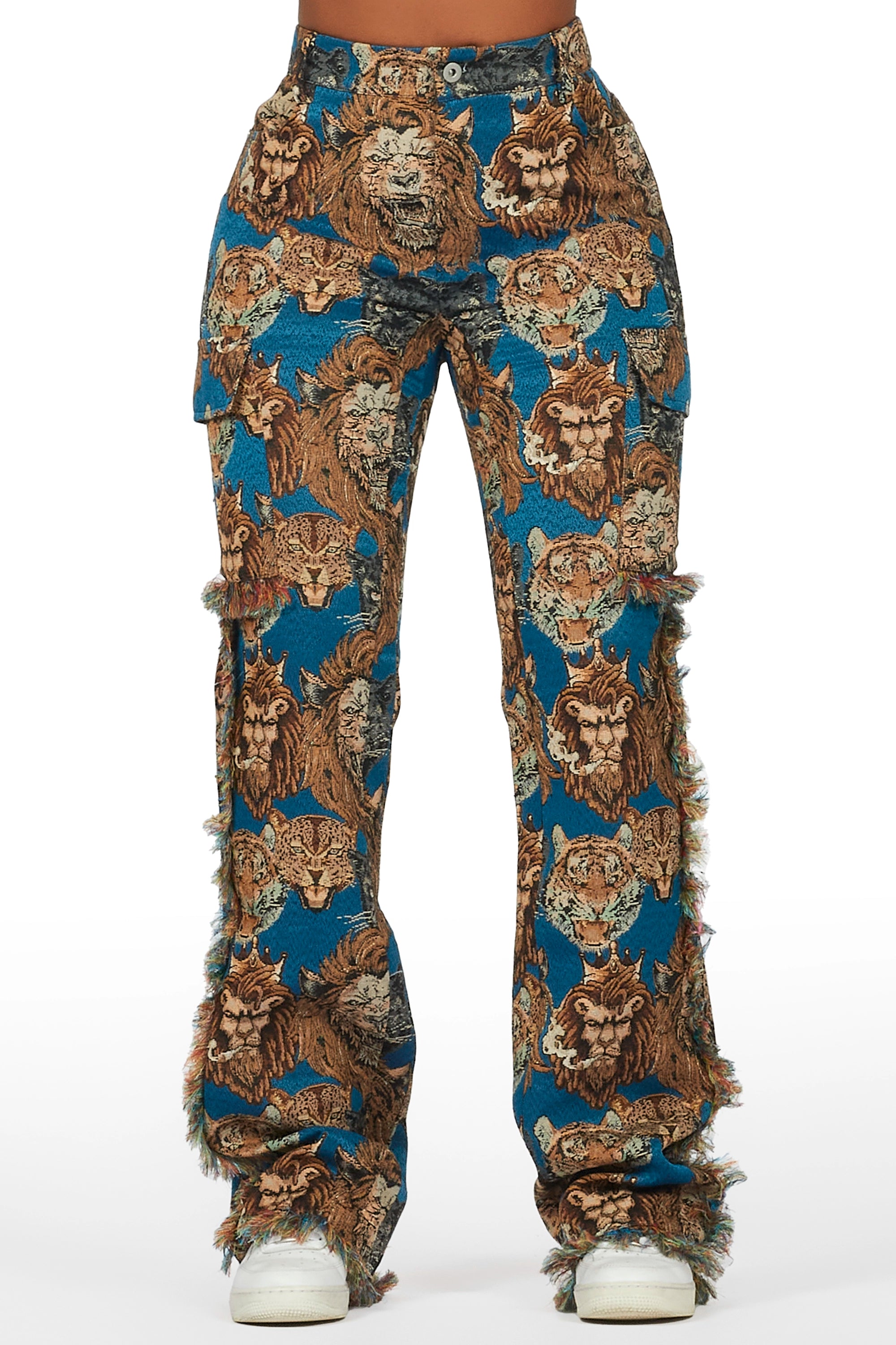 Painted JacketsKhadiyah Blue Animal Print Tapestry Stacked Pant