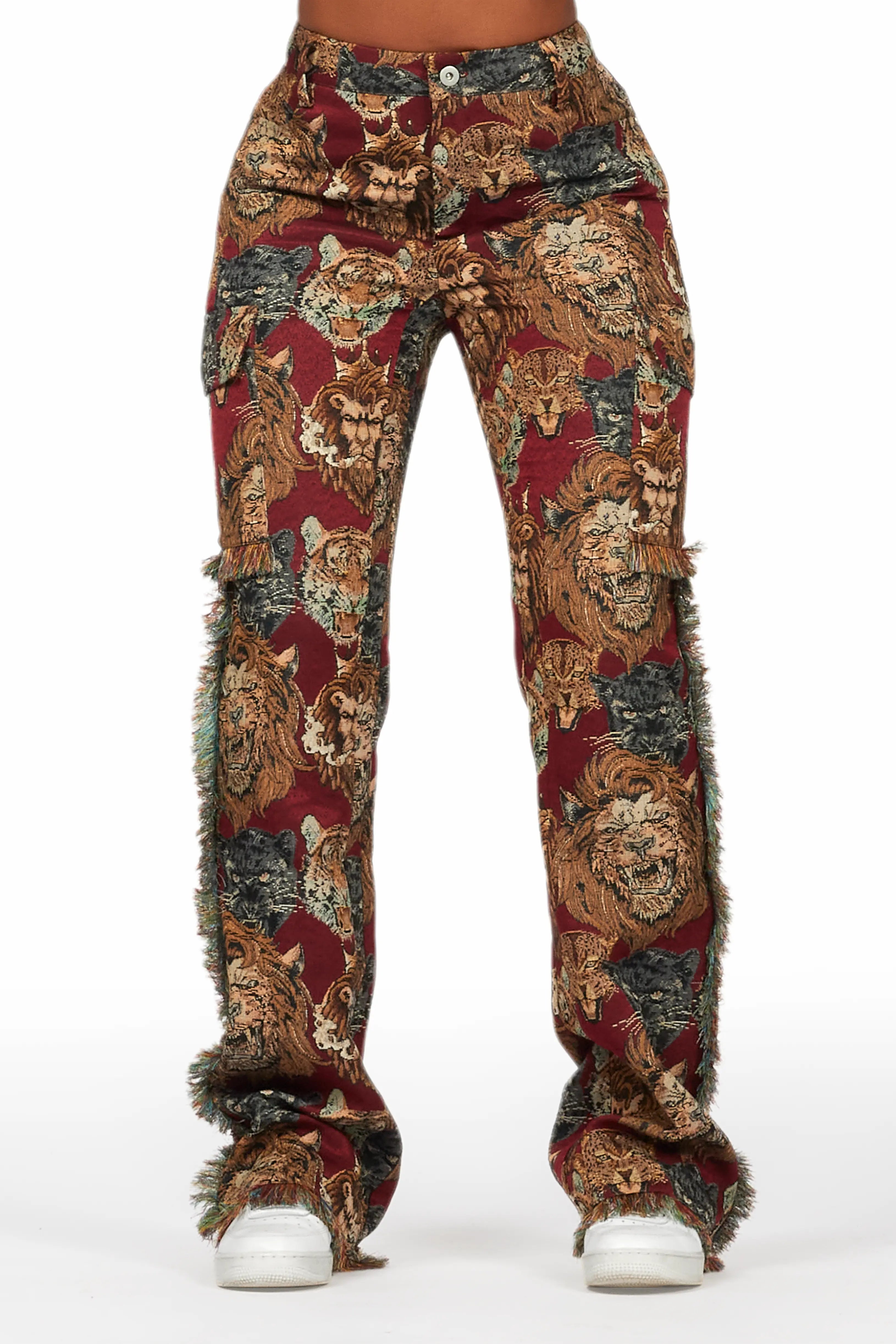 Studded JacketsKhadiyah Red Animal Print Tapestry Stacked Pant