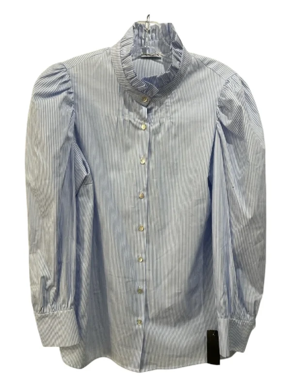 Andion Size Est M Blue & White Missing Fabric Striped Button Down Ruffle TopAnti-drilling down technology